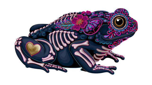 Isolated D&iacute;a de los Muertos inspired sugar skull frog with vibrant floral and skeleton details