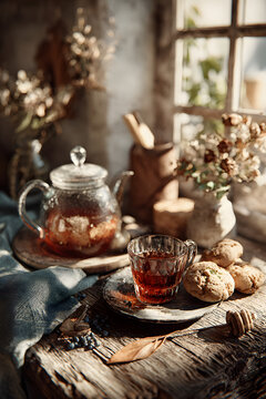 Close-up of cozy interior details &ndash; tea set, dessert and natural textures on a wooden table. Warm, inviting scene with autumnal tones.