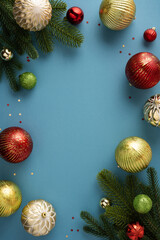 Obraz na płótnie Canvas Ornament frames a vertical blue background with pine branches for New Year design