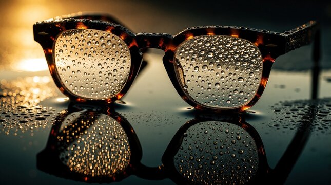 Close up of stylish tortoiseshell eyeglasses on wet shiny surface. Macro shot shows water drops on brown patterned frames. Reflections of sun create golden glare on dark liquid background. Trendy