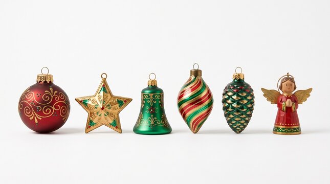 Set of six handcrafted Christmas ornaments in red, green and gold including glass ball, star, bell, pine cone and wooden angel on white background