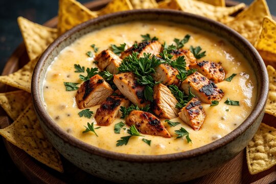 Grilled chicken pieces float in creamy queso cheese dip in ceramic bowl. Crispy corn tortilla chips surround tasty Mexican snack. Hot Texmex appetizer with fresh parsley garnish served in rustic