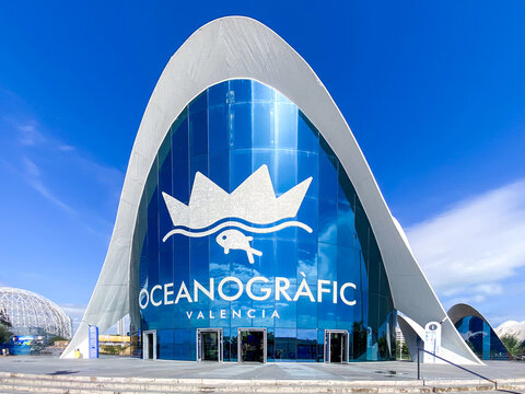 Valencia, Spain - October 01, 2026: Futuristic concrete structure of Oceanografic aquarium designed by Felix Candela located in City of Arts and Sciences in  under blue sky.