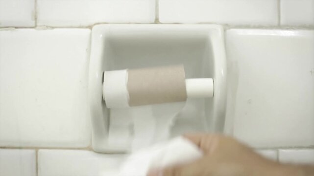 Hand pulls last sheet from toilet paper roll leaving empty tube in tiled bathroom as EVERY. SINGLE. TIME. Text appears. Humorous take on everyday household frustrations and running out of supplies.