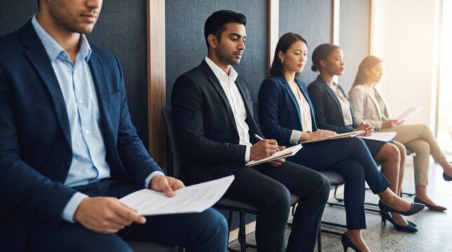 Candidates sit in a line within an office hallway during daylight while reviewing their professional documents and preparing for job interviews to advance their corporate careers