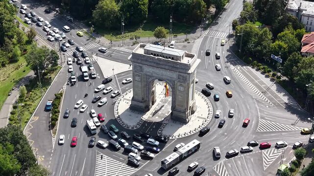 Aerial of Arch of Triumph (Arcul de Triumf) roundabout in Bucharest, Romania