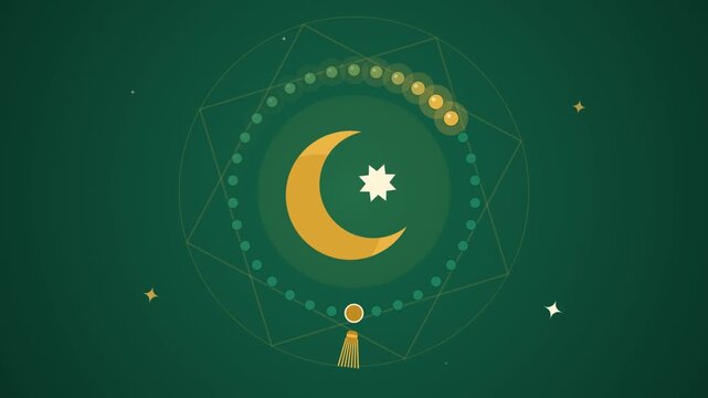 Golden crescent moon and star with prayer beads on dark green background
