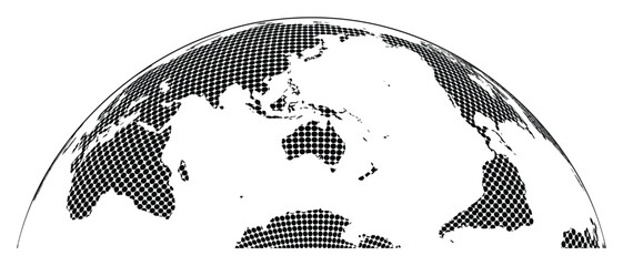 Halftone earth globe with Asia, Australia, Antarctica and the Americas in dotted pattern under a curved horizon line. Black world map hemisphere for global network and communication, vector © Mb