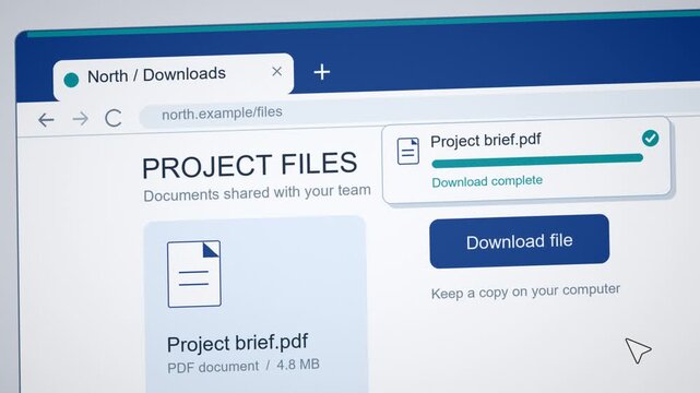 Screen recording tutorial showing file download in web browser, from clicking button to completed progress bar. Clean blue interface for software guides and e-learning content.