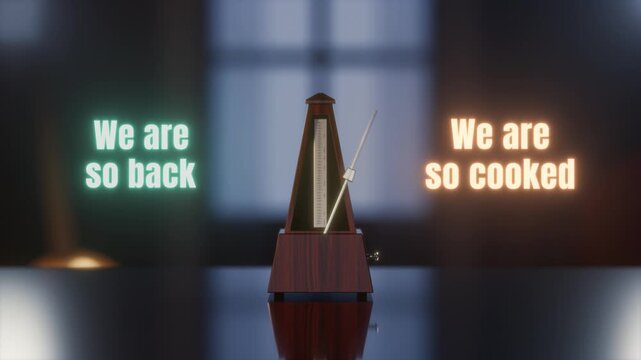 Mahogany metronome swings between glowing neon phrases "We are so back" and "We are so cooked" in dark studio. Humorous meme format with green and orange text for relatable reaction content.