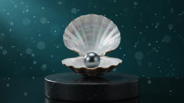 Oyster shell opening to reveal black pearl on dark marble pedestal over teal underwater background with floating particles. Close-up of nacre inside the shell. Luxury gem and rarity concept