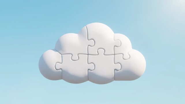 White puzzle pieces assembling into fluffy cloud shape on light blue background. Cloud computing solution concept. 3D animation of problem solving, strategy and teamwork metaphor