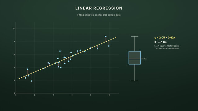 Linear regression scatter plot with fitted yellow line, residuals, box plot and R squared on green chalkboard