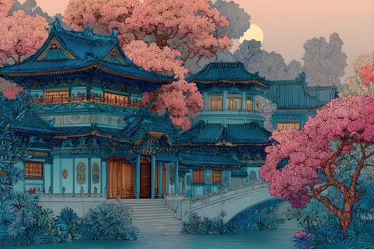 Oriental toile art style with pale various color festival wallpaper drawing sketch spirituality.