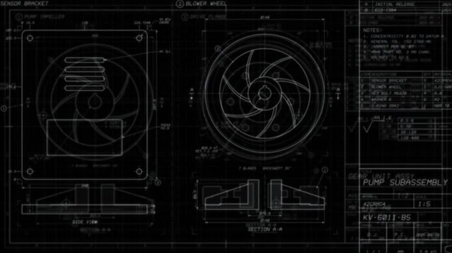 Detailed mechanical engineering drawings glow in white on black in a seamless loop. Blueprint style schematics of gears and drive components suit industrial and machinery themes.