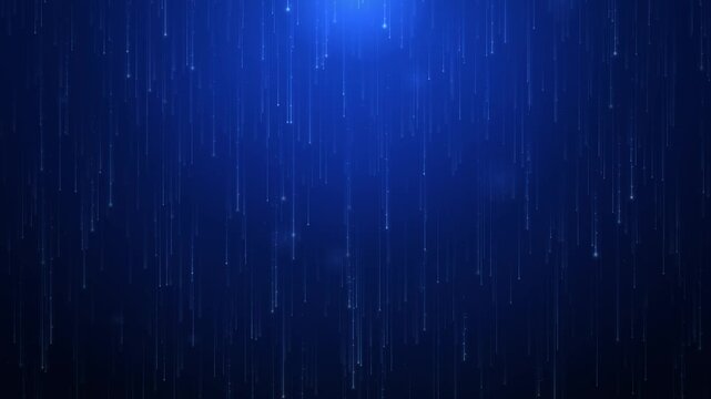 Falling blue glowing particles and light streaks against a dark deep blue background, motion background for technology and space themes