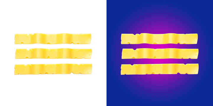 Three long slices of yellow cheese arranged in parallel lines on dark background