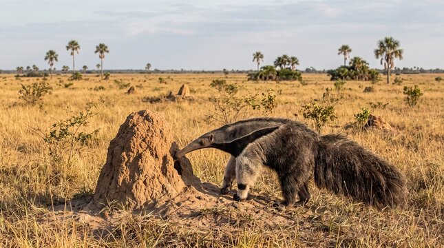 Giant anteater at termite mound in tropical savanna