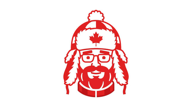 Stylized Canadian man wearing a red trapper hat with a maple leaf emblem and glasses.