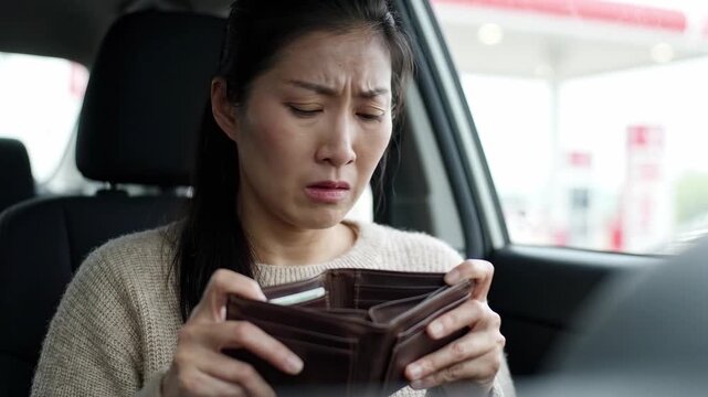 Stressed woman holding empty wallet inside vehicle feeling sad poverty financial crisis worry debt person poor money cash budget lack struggle anxiety