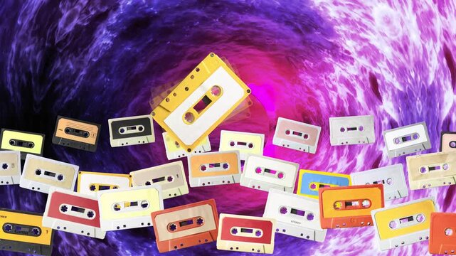 Colorful cassette tapes drift through a swirling purple vortex in vaporwave style. Nostalgic analog aesthetic with psychedelic motion for retro entertainment and music themes.