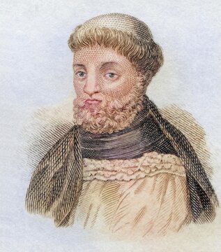 Jean Froissart, (born around 1337 in Valenciennes, died around 1405 presumably in Chimay/Belgium) was a French-speaking poet and chronicler, coloured woodcut from Crabbe's Historical Dictionary from 1825, Historical, digital reproduction