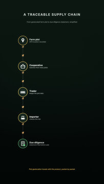 Vertical traceability timeline linking farm plot, cooperative, trader, importer and due diligence statement