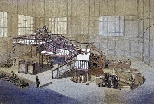 Heinrich V&ouml;lter's paper mill at the World Fair in Paris, France, papermaking, industry of the Decker brothers/the paper mill of Heinrich V&ouml;lter at the universal exposition at Paris, France, paper production, Decker brothers industry, historical, digitally restored reproduction of an original original from the 19th century, exact original date not known, subsequently colored