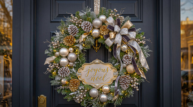 elegant silver and gold wreath adorned with frosted pinecones holding a sign that says joyous noel in graceful lettering ideal for upscale boutique winter holiday marketing