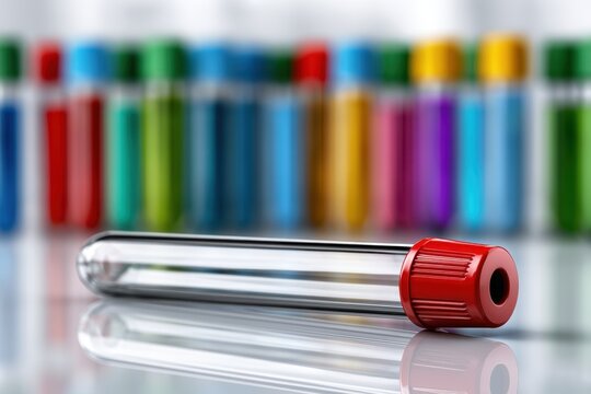 Laboratory glass test tube with red cap lying on reflective surface with colorful capped tubes blurred in the background representing chemical testing and analy