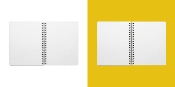 Open blank spiral notebook with white pages for notes or sketching mockup
