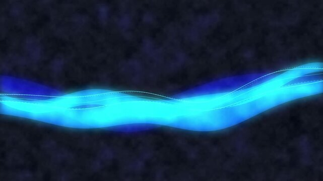 Neon blue light wave motion graphic, flowing energy stream, glowing particles, digital signal, rhythm, pulse, electricity, tech loop