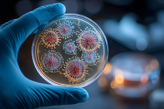 Petri dish with Candida auris colonies held by gloved hand in laboratory. Sharp close-up in clinical setting, ideal for medical training, microbiology materials, or scientific presentations