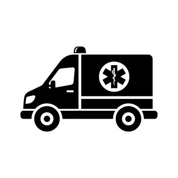 Black and white silhouette icon of an emergency ambulance vehicle with medical star symbol isolated on a transparent background for design projects.