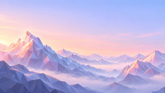 Low poly mountain landscape at sunrise, geometric mountain peaks in pastel purple and pink, artistic mountain range with mist and clouds