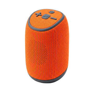 Compact portable orange fabric Bluetooth speaker with grey accents and control buttons on top PNG Isolated on transparent background