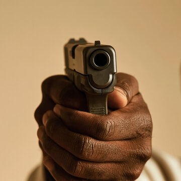 Person holding a black handgun pointed directly toward the camera with a neutral background and strong focus on hands and firearm muzzle