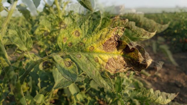 Tomato Plant Leaf Disease Progression Showing Fungal Spots and Necrosis in Field