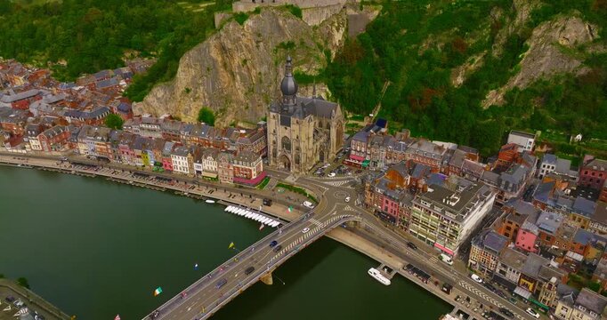 Aerial view of the beautiful, picturesque town of Dinant in Belgium, situated on the Meuse River between two cliffs