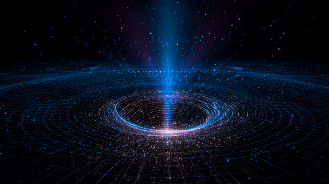 Digital vortex in a futuristic space grid with glowing particles and energy streams