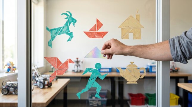 Hand placing holographic triangle piece onto classroom glass board to complete colorful tangram puzzle illustrations of zodiac goat, origami bird, sailboat, runner, and teapot
