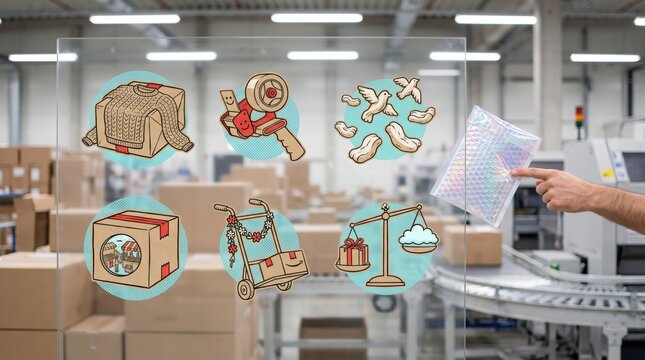 Hand touching iridescent padded bubble mailer mailer near warehouse glass board with retro comic illustrations of gift boxes, tape dispenser, hand truck, and balance scale for Lunar New Year