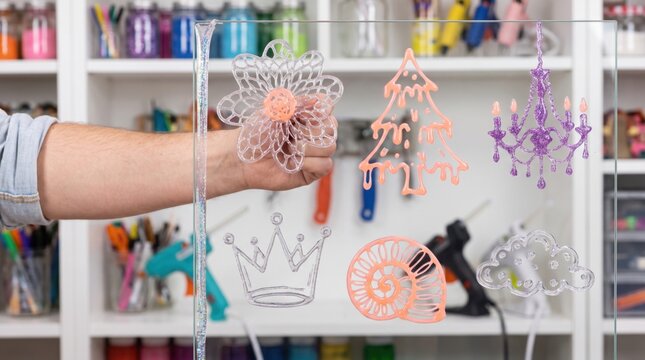 Hand crafting 3D hot glue flower on glass board in art studio with glittering glue illustrations of pagoda tree, purple chandelier, crown, nautilus shell, and cloud for Lunar New Year