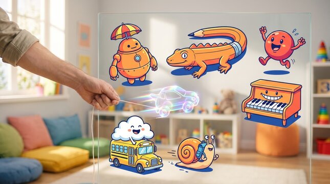 Hand pulling string of glowing holographic toy car on playroom glass board with cute cartoon illustrations of pencil lizard, robot, piano, school bus, and snail for Lunar New Year