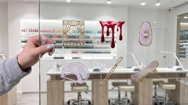 Hand with iridescent manicure touching glass partition in modern nail salon with 3D illustrations of dripping red polish, gemstone nail, UV lamp, and gold tools for Lunar New Year