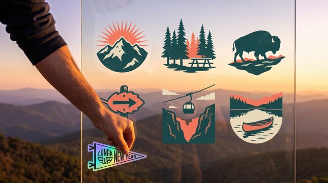 Hand placing holographic Lunar New Year pennant sticker onto outdoor glass board at mountain sunrise with retro badge illustrations of ox, pine forest, cable car, and canoe
