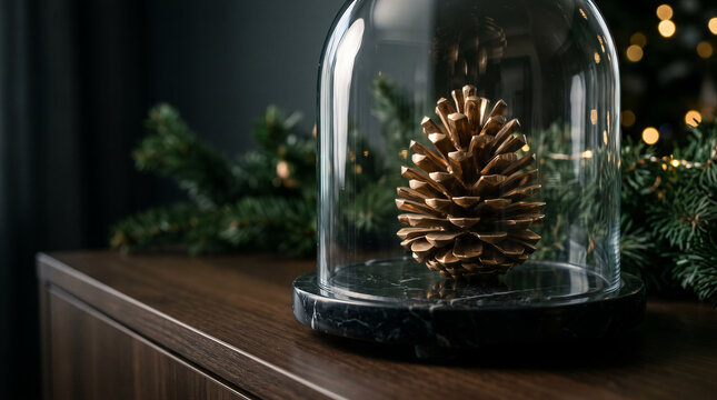 Gold pinecone under glass dome for holiday decor