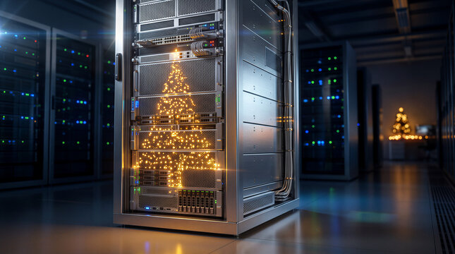 Christmas tree made of lights on a server rack in datacenter