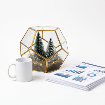 Remote work setup with terrarium and documents