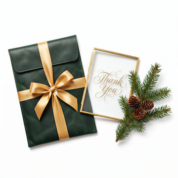 Green gift pouch with gold ribbon and thank you card flat lay